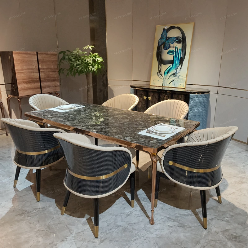 Rose Gold Metal Dining Table with Dark Polished Stone Top and Sculptural Cabriole Legs